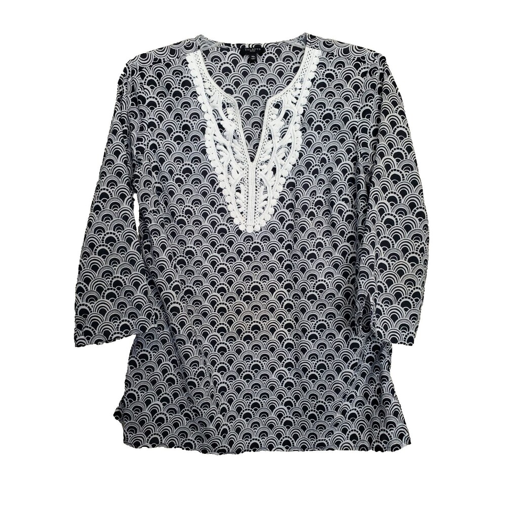 Talbots Petites 100% Cotton Geo Print Split Neck Lace Embroidered Blouse Size MP